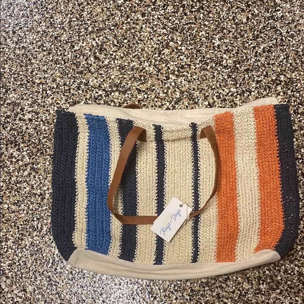 Orange and Blue Striped Tote Bag with Leather Handles